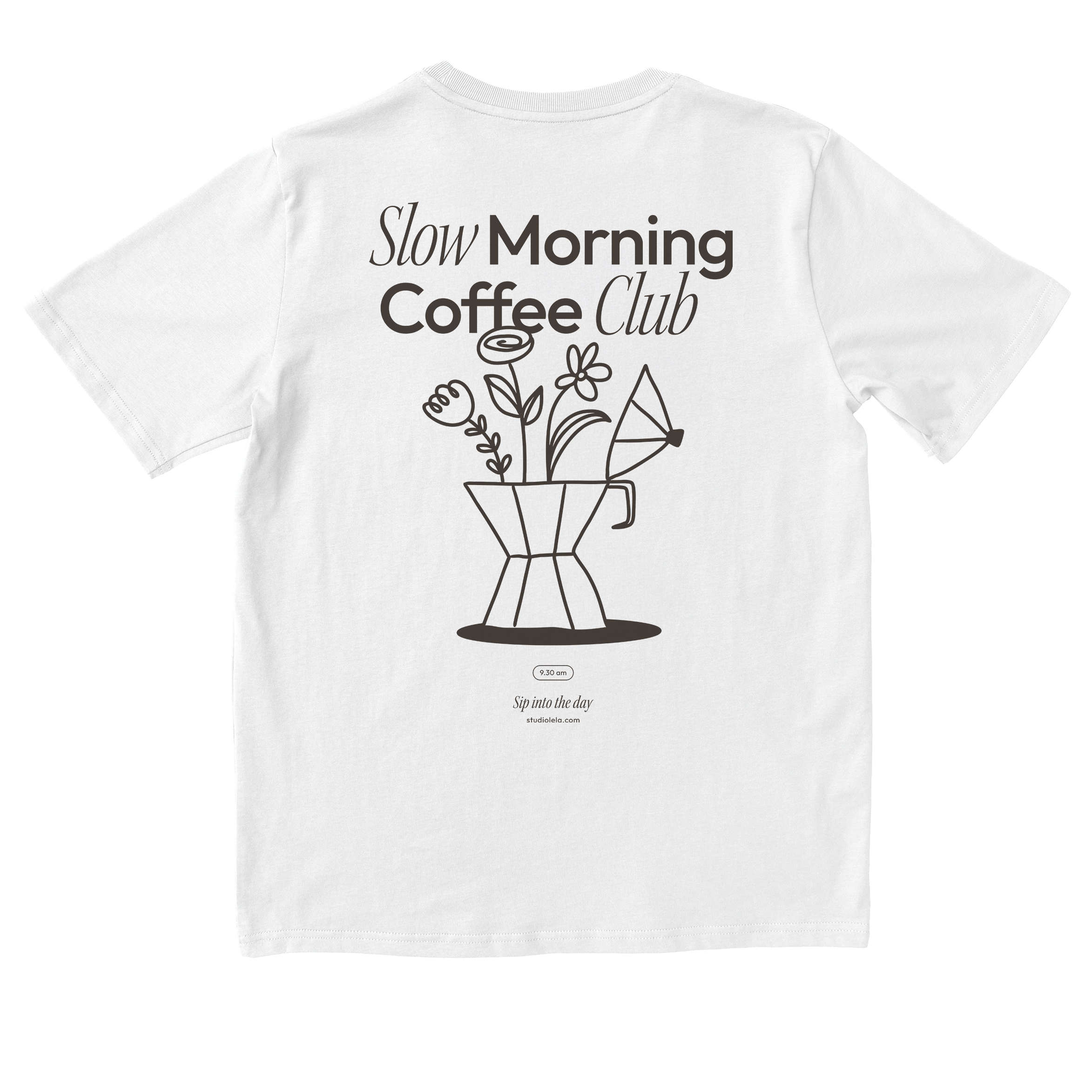 Shirt-White-Mockup-Back-Slow Morning Coffee Club